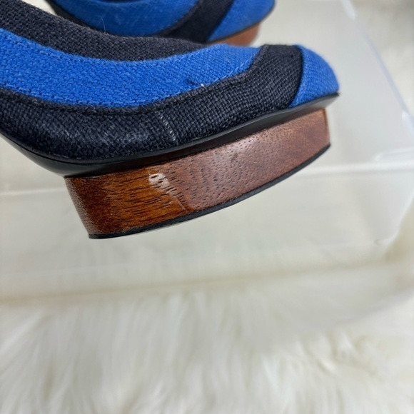 TORY BURCH JOELLE BLUE STRIPE WOOD PLATFORMS PUMPS - Picture 6 of 14